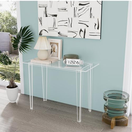 Acryve Acrylic Desk - Clear Acrylic Table, Modern Home Office Study Table, Extended Surface Multi-Purpose Console, Sturdy Lightweight Workstation for Small Spaces (Transparent-L) Acryve