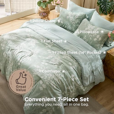 Bedsure Twin Comforter Set - 5 Pieces Floral Sage Green Soft Bedding Sets, Twin Bed in a Bag with Botanical Flowers Comforter, Sheets, Pillowcase & Sham Bedsure