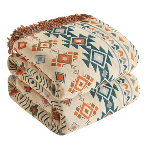 Boho Throw Blanket for Bed 80”x90”, 100% Cotton Woven Blanket for Couch Sofa, Ultra Soft 4-Layer Muslin Quilt with Diamond Pattern, Farmhouse Bed Blanket/Cover for Living Room Decor SE SOFTEXLY