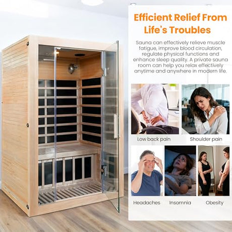 Iwoodhome Canadian Hemlock 2 Person Infrared Sauna with Red Light Therapy, Bluetooth, 1760W 120V Low EMF with Control Pane Home Indoor Dry Sauna Room for Gym & Spa 2Person 47.2" W x 39.4" D x 72" H IWOODHOME