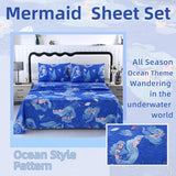 MAG 4Pcs Mermaid Full Size Sheet Sets,Blue Ocean Sheets,Kids’ Microfiber Bedding Sheet Set 1 Fitted Sheet 14''Deep Pocket +1 Flat Sheet+2 Pillowcases for Toddler Boys and Girls,Breathable and Wrinkle. MAG