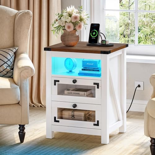 YITAHOME Farmhouse Nightstand with Charging Station, 2 Drawers Night Stand with LED Lights, Wood End Table Side Table with Storage, Nightstands Set of 2, Walnut + White