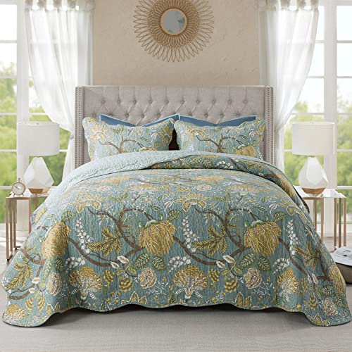 NEWLAKE Cotton Bedspread Quilt Sets-Reversible Patchwork Coverlet Set, Green Floral Pattern, Queen Size NEWLAKE