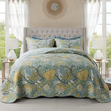 NEWLAKE Cotton Bedspread Quilt Sets-Reversible Patchwork Coverlet Set, Green Floral Pattern, Queen Size NEWLAKE