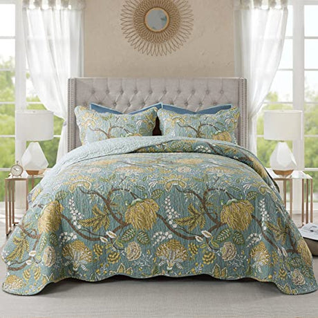 NEWLAKE Cotton Bedspread Quilt Sets-Reversible Patchwork Coverlet Set, Green Floral Pattern, Queen Size NEWLAKE