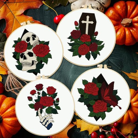 BEUNITONE 4 Set Skull Embroidery kit for Beginners Flower Starter Kits Halloween Skull with Flowers DIY Needlepoint Kit for Adults with Instruction Rose Skull Handmade Embroidery Kits for Gifts BEUNITONE