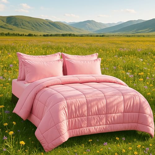 DOWNCOOL Full Size Comforter Sets, 7Pcs Full Size Bedding Sets Pink, All Season Down Alternative Bedding Comforter Sets with Comforter, Flat Sheet, Fitted Sheet, 2 Pillow Shams & 2 Pillowcases DOWNCOOL