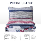 WONGS BEDDING Blue Red Quilt King Size, Bohemian Stripe Quilt Sets 3 Pieces Boho Quilted Bedspread Set Lightweight Microfiber Coverlet Bedding Set All Season (104"x90") WONGS BEDDING