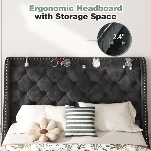 SUNLEI Queen Size Bed Frame with Tufted Button and Velvet Fabric, Bed Frame with Wingback Storage Headboard, Strong Wood Slats, Easy Assembly, No Box Spring Needed, Black SUNLEI
