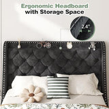 SUNLEI Queen Size Bed Frame with Tufted Button and Velvet Fabric, Bed Frame with Wingback Storage Headboard, Strong Wood Slats, Easy Assembly, No Box Spring Needed, Black SUNLEI