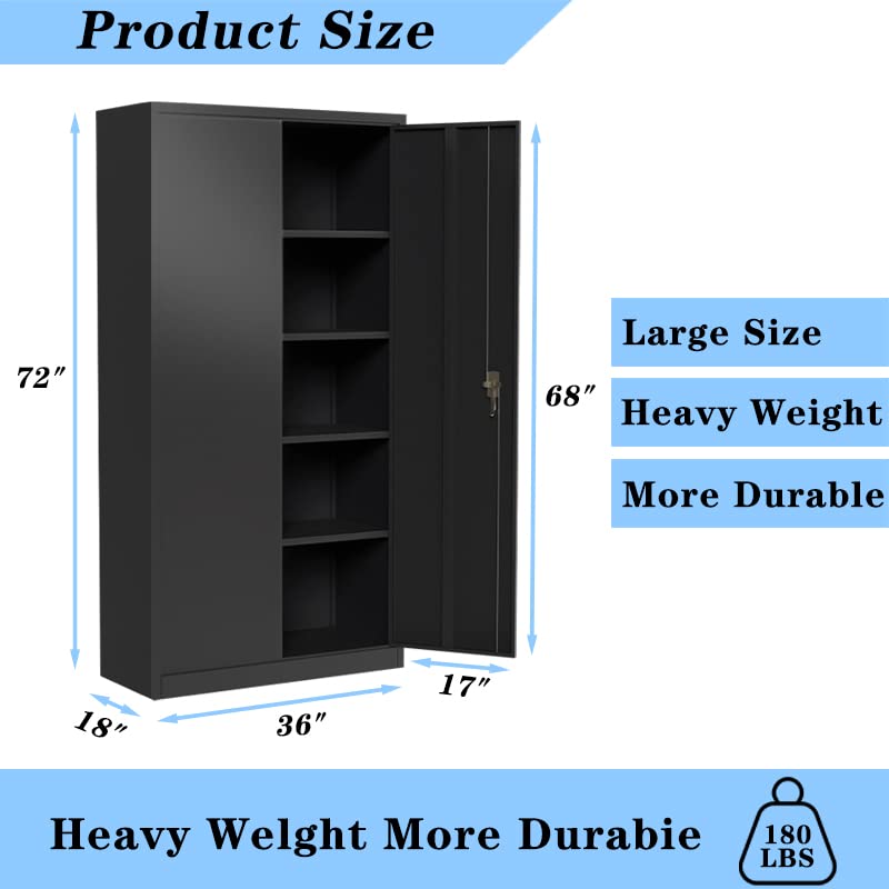 GREATMEET Metal Storage Cabinet with 4 Adjustable Shelves and Locking Doors, Tall Utility 72" H Locking Steel for Office,Pantry,Garage, Black - WoodArtSupply