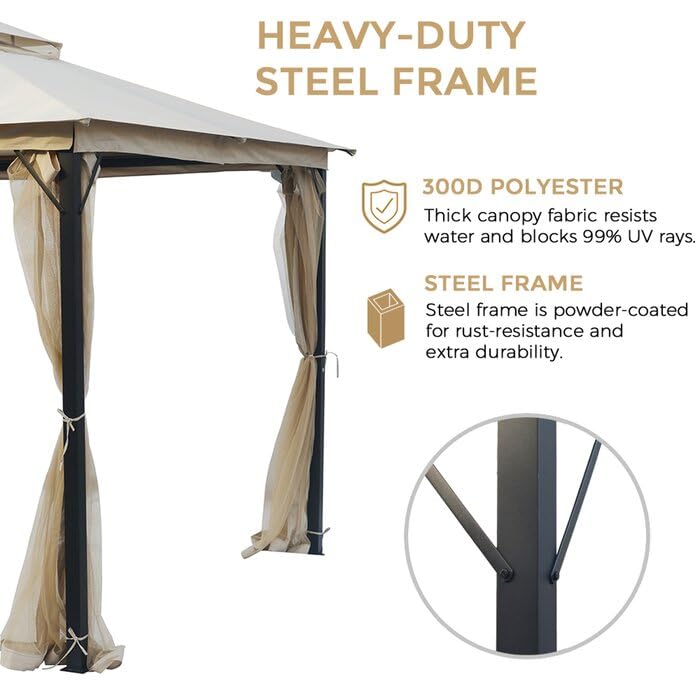 10X10FT Hardtop Gazebo, Heavy Duty Canopy Top Metal Frame Pavilion with Double Galvanized Steel Roof, Waterproof Outdoor Gazebo with Curtains and Netting for Backyard, Patio Deck and Lawns