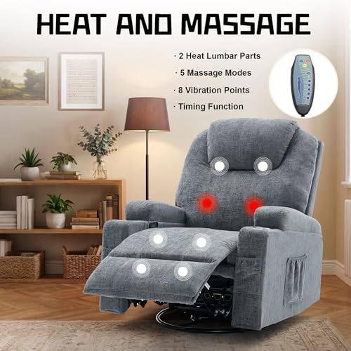 Korser Recliner Chair, 360° Manual Swivel Rocker Chair with Overstuffed Headrest, Rocking Chair with Massage and Heating, Lounge Chair with Cup Holders for Living Room, Bedroom, Nursery, RV, Chenille