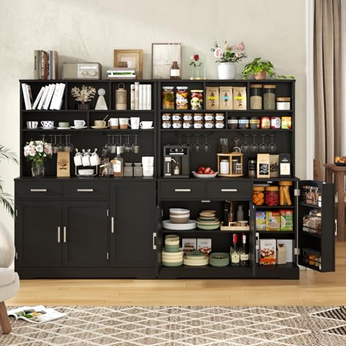 Tall Pantry Cabinet, Modern Kitchen Hutch with Microwave Stand, Kitchen Pantry Storage Cabinet with 2 Darwers & Door Shelf, Food Pantry with Goblet Holders & Adjustable Shelves for Dining Room, Black Gyfimoie
