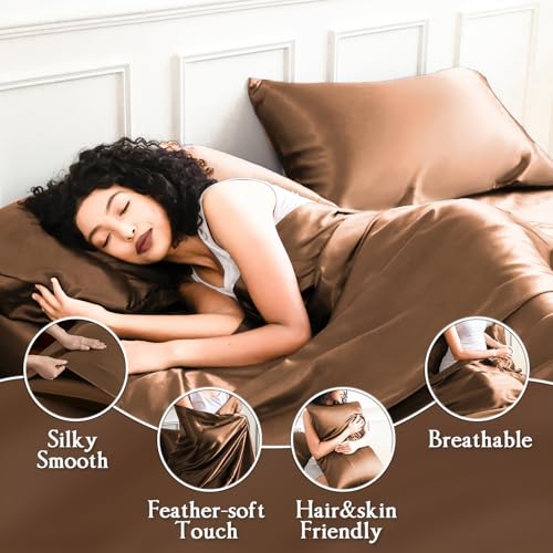 LIFCOM Satin Sheets Queen Size Bed Set,Similar to Silk Sheets,4Pcs Luxury Satin Sheet Set with 15 Inches Deep Pocket (Queen, Brown) LIFCOM