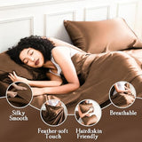 LIFCOM Satin Sheets Queen Size Bed Set,Similar to Silk Sheets,4Pcs Luxury Satin Sheet Set with 15 Inches Deep Pocket (Queen, Brown) LIFCOM