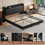 Belffin Floating Bed Frame Queen Size with LED Lights & Charging Station, Wooden Headboard with Hidden Storage and Faux Leather Backrest, Easy Cleaning, No Box Spring Needed, Noise-Free, Black Belffin