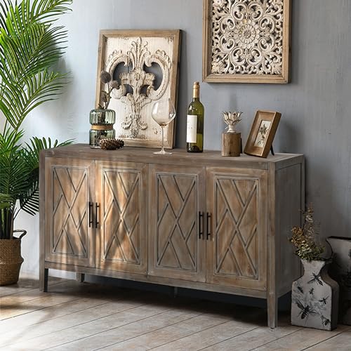 LUMISOL Sideboard Buffet Cabinet, Solid Wood Storage Sideboard with 4 Doors, Retro Style Kitchen Sideboard Buffet, Farmhouse Console Table for Living Room, Dining Room, Hallway, Entryway, Rustic Brown LUMISOL
