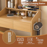 QueZeiah Small Makeup Vanity Desk with Mirror and Lights, Mini Vanity with Stool, 2 Large Drawers, Charging Station, Dressing Table Set for Women's Bedroom, Dressing Room, Wood QueZeiah