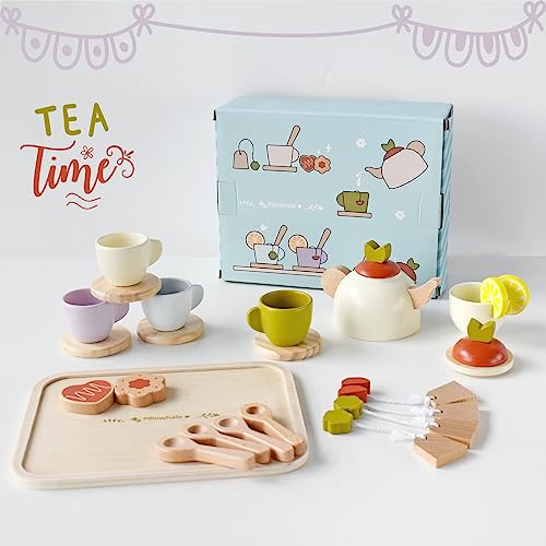 Pillowhale Wooden Toys Tea Party Set,Tea Set for Little Girls,Toddler Tea Set,Kids Play Kitchen Accessories,Play Food for Toddlers Boys Girls Ages 3+ - WoodArtSupply