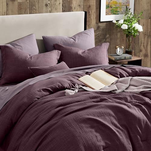 Geniospin Purple Queen Comforter Set - 7 Pieces Egglant Comforter Queen Size, Solid Bedding Set for All Season, Textured Bed in a Bag with Sheets Geniospin