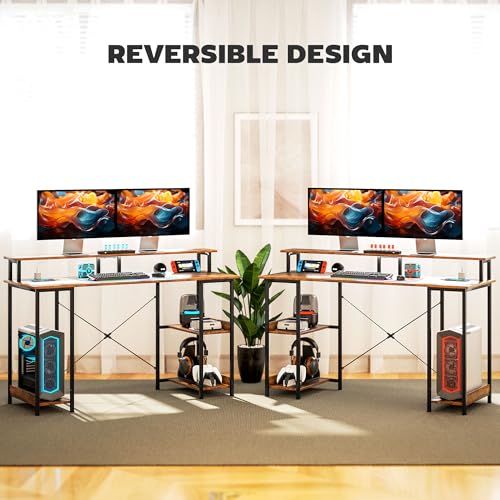 HOMCOM 55" Gaming Desk with Power Outlets and LED Lights, Reversible Computer Desk with Monitor Stand and 2-Tier Storage Shelves, Cable Management, for Home Office, Rustic Brown HOMCOM
