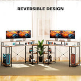 HOMCOM 55" Gaming Desk with Power Outlets and LED Lights, Reversible Computer Desk with Monitor Stand and 2-Tier Storage Shelves, Cable Management, for Home Office, Rustic Brown HOMCOM