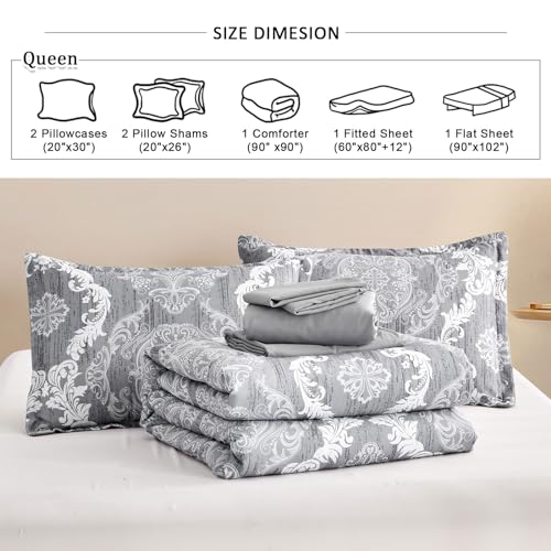 WONGS BEDDING Grey Comforter Set Queen Size, Damask Texture 7 Pieces Gray Bed in a Bag Microfiber Boho Comforter Bedding Sheet Set with Comforter, Flat Sheet, Fitted Sheet,Pillow Shams,Pillowcases WONGS BEDDING