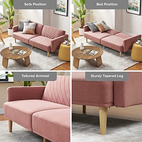 mopio Futon Sofa Bed, Couch, Small Sofa, Sleeper Sofa, Loveseat, Mid Century Modern Futon Couch, Sofa Cama, Couches for Living Room (Old Rosa Velvet) - WoodArtSupply