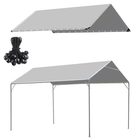 BOUTICOL 10 x 20 Ft Heavy Duty Carport Replacement Canopy Cover Waterproof & UV Protected Garage Top Tent Shelter Tarp Cover with 44 Ball Bungees Cords, Only Top Cover, Grey BOUTICOL