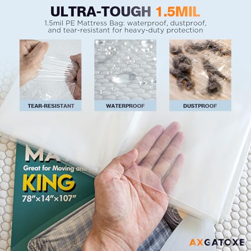 Plastic Mattress Bag for Moving Storage, Waterproof Mattress Cover, Mattress Protector for Moving Supplies - King Size (1.5MIL) Axgatoxe