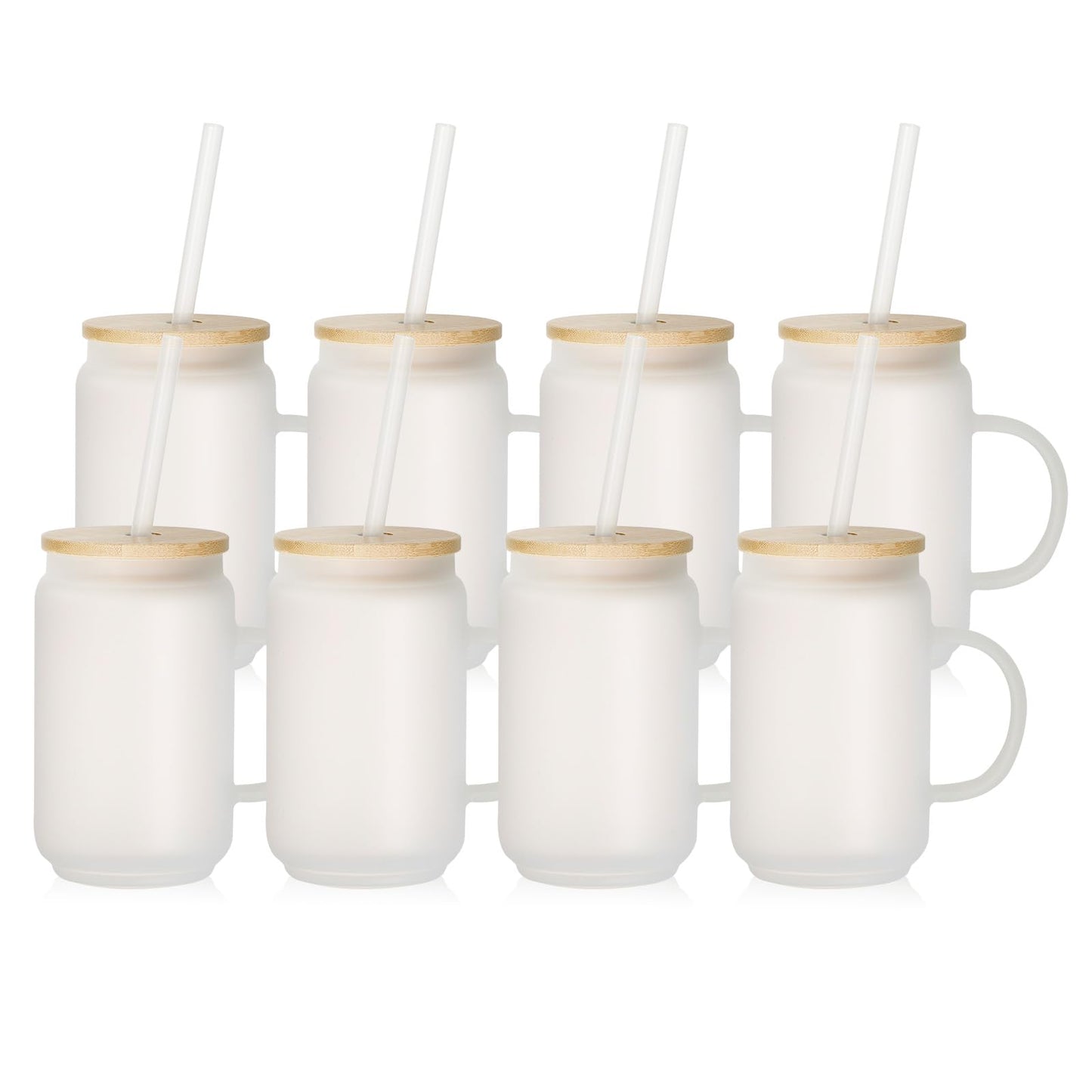 PYD Life 8 Pack Sublimation Glass Blanks Kids Tumblers Bulk with Handle Bamboo Lid and Plastic Straw Frosted 13 OZ Coffee Tea Milk Glass Cups Mugs for Tumbler Mug Heat Press Printing