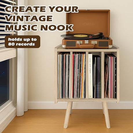 Record Player Stand, Vinyl Record Storage Table with 4 Cabinet, Mid Century Modern Turntable Stand, Organizer Vinyl Table for Bedroom Living Room, White Oak Montex