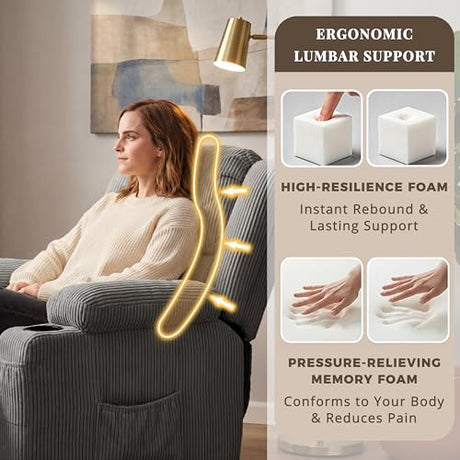 IKAKOS 360 Degree Swivel Rocker Recliner Chair with Heat and Massage, Soft Corduroy Manual Reclining Nursery Glider with USB Port, 2 Cup Holders & 4 Storage Pockets, 400lbs Capacity (Grey) IKAKOS