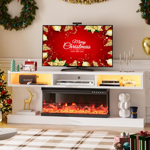 Spurgehom Fireplace TV Stand with 34" 3-Sided Electric Fireplace, Led Light Entertainment Center, TV Console with Storage, Media Console for TVs up to 80", TV Cabinet for Living Room (White) Spurgehom