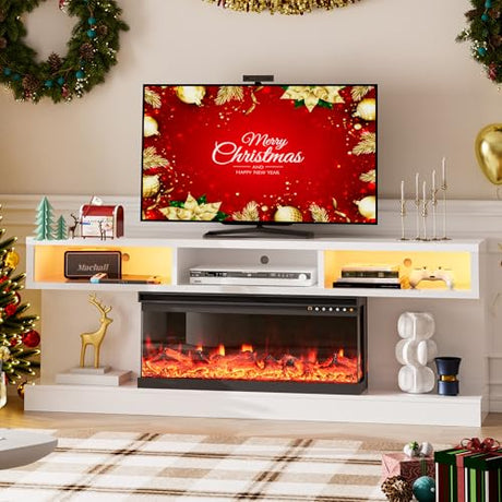 Spurgehom Fireplace TV Stand with 34" 3-Sided Electric Fireplace, Led Light Entertainment Center, TV Console with Storage, Media Console for TVs up to 80", TV Cabinet for Living Room (White) Spurgehom