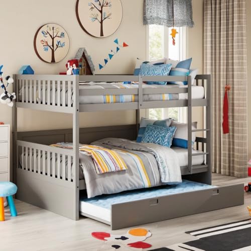 PVWIIK Twin Over Twin Rubber Wood Bunk Bed with Trundle for Kids,Boy,Girl Bedroom, Convertible into Twin Size Beds, Twin Size Bunk Bed with Ladder and Safety Guardrails,Grey PVWIIK