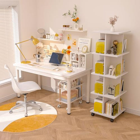 VECELO 4-Tier Rotating Corner Bookshelf with Wheels and Acrylic Dividers - Stylish Storage Solution for Home and Office VECELO