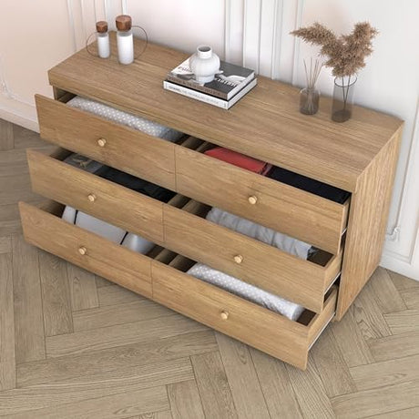 Zenflare Dresser for Bedroom 6 Drawer Wood Dresser 58.3" Wide, Large Chest of Drawers for Bedroom, Living Room, Hallway, Entryway, Modern TV Stand Drawer Organizer, Light Oak Zenflare