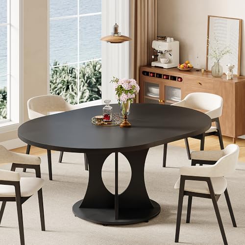 iPormis 43.3-59 Inch Extendable Round Dining Table for 6-8 People, Oval Dinner Table with Adjustable Top and A Stable Round Pedestal Base, Space Saving Wooden Kitchen and Dining Table, Black iPormis