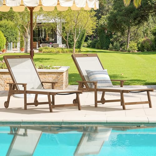 LUE BONA Chaise Lounge Chair Outdoor Set of 2, HDPS and HDPE Wicker Chaise Lounger with 5 Positions, Pool Lounge Chairs with Wheels and Adjustable Backrest for Patio, Poolside, Deck, Backyard