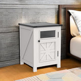 JXQTLINGMU Farmhouse End Table with Charging Station, 18'' Rustic Nightstand with Barn Door & Adjustable Shelf, Wooden Sofa Side Table with 3-Tier Storage for Living Room, Bedroom, White JXQTLINGMU
