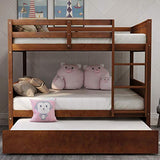 NC Full Over Full Wood Bunk Bed with Twin Trundle Bed and Removal Ladder and Safety Rail, Can be Divided into 2 Beds, Walnut N\C