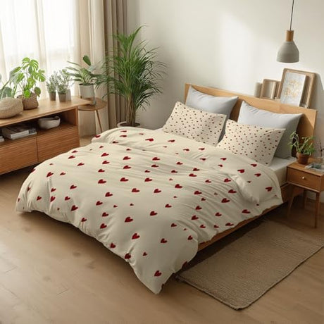 Cream Reversible Duvet Cover Set 2Pcs Small Single Size, Minimalist Red Heart Pattern Bedding Set for Boys Girls Kids Bedroom Decor - Soft Comfy Cozy Microfiber Print Duvet Cover with 1 Pillowcase Generic