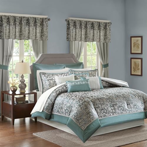 Madison Park Essentials Brystol 24 Piece Room in a Bag Faux Silk Comforter Jacquard Paisley Design Matching Curtains Down Alternative Hypoallergenic All Season Bedding-Set, King (104 in x 92 in), Teal Madison Park