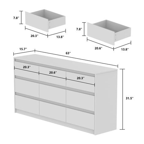 Hitow 9 Drawer Dresser for Bedroom with Deep Drawers, Large Floor Wood Dressers & Chest of Drawers Handle Free, Modern White Long Dressers for Closet Living Room (63" W x 15.7" D x 31.5" H) Hitow