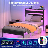 J.Fkne Twin Bed Frame with Headboard, Platform Bed with LED & Charging Station, Heavy Duty Metal Slats, No Box Spring Needed, Noise Free, Easy Assembly, Black J.Fkne