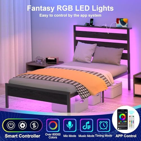 J.Fkne Twin Bed Frame with Headboard, Platform Bed with LED & Charging Station, Heavy Duty Metal Slats, No Box Spring Needed, Noise Free, Easy Assembly, Black J.Fkne