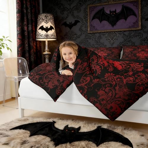 Erosebridal Gothic Damask 7 Piece Comforter Set Full Bed in a Bag,Exotic Moth Bedding Sets Red Black Victorian Floral Goth Sheet Set with Comforter Erosebridal