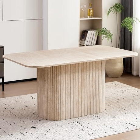 Valivestia 63" Large Dining Table for 4 6, Rectangular Farmhouse Modern Kitchen Dinner Table with Rounded Corners & Wood Strip Pedestal Base Rectangular for Dining Room, Stone Patterned Valivestia